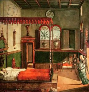 Painting of a bedroom with an angel by Vittore Carpaccio.